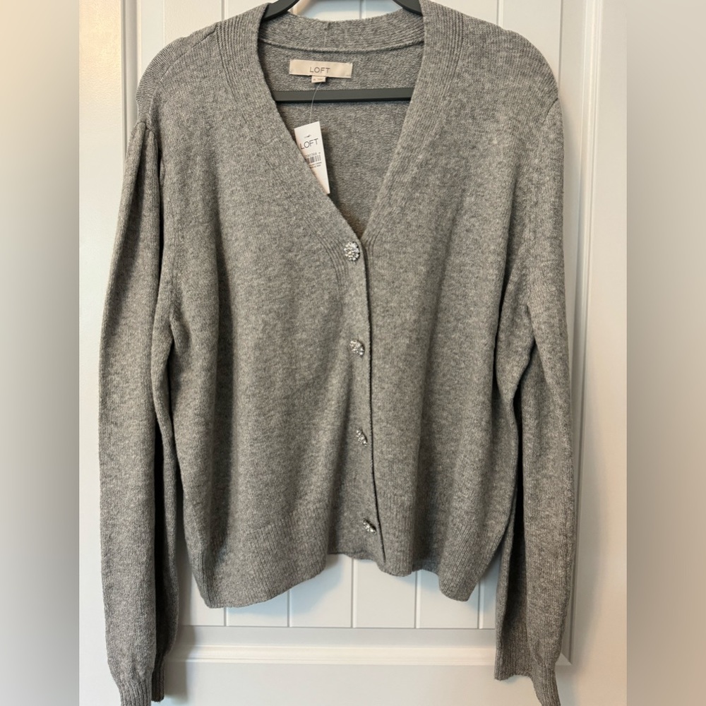 Loft Grey Cardigan with bling Button Front Knit Cardigan Sweater Size XL